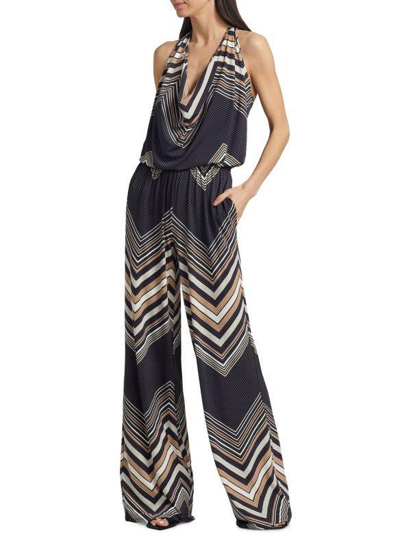 Ramy Brook Stephanie Chevron Halterneck Wide-Leg Jumpsuit