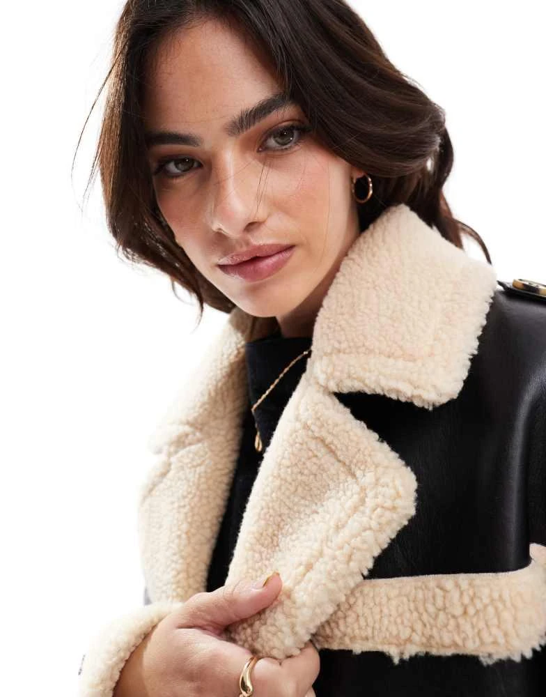 Wednesday's Girl Wednesday's Girl faux shearling oversized aviator longline coat in black and cream 3