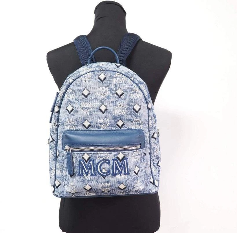 MCM MCM Stark  Blue Vintage Jacquard Monogram Logo Fabric Backpack Bookbag 2