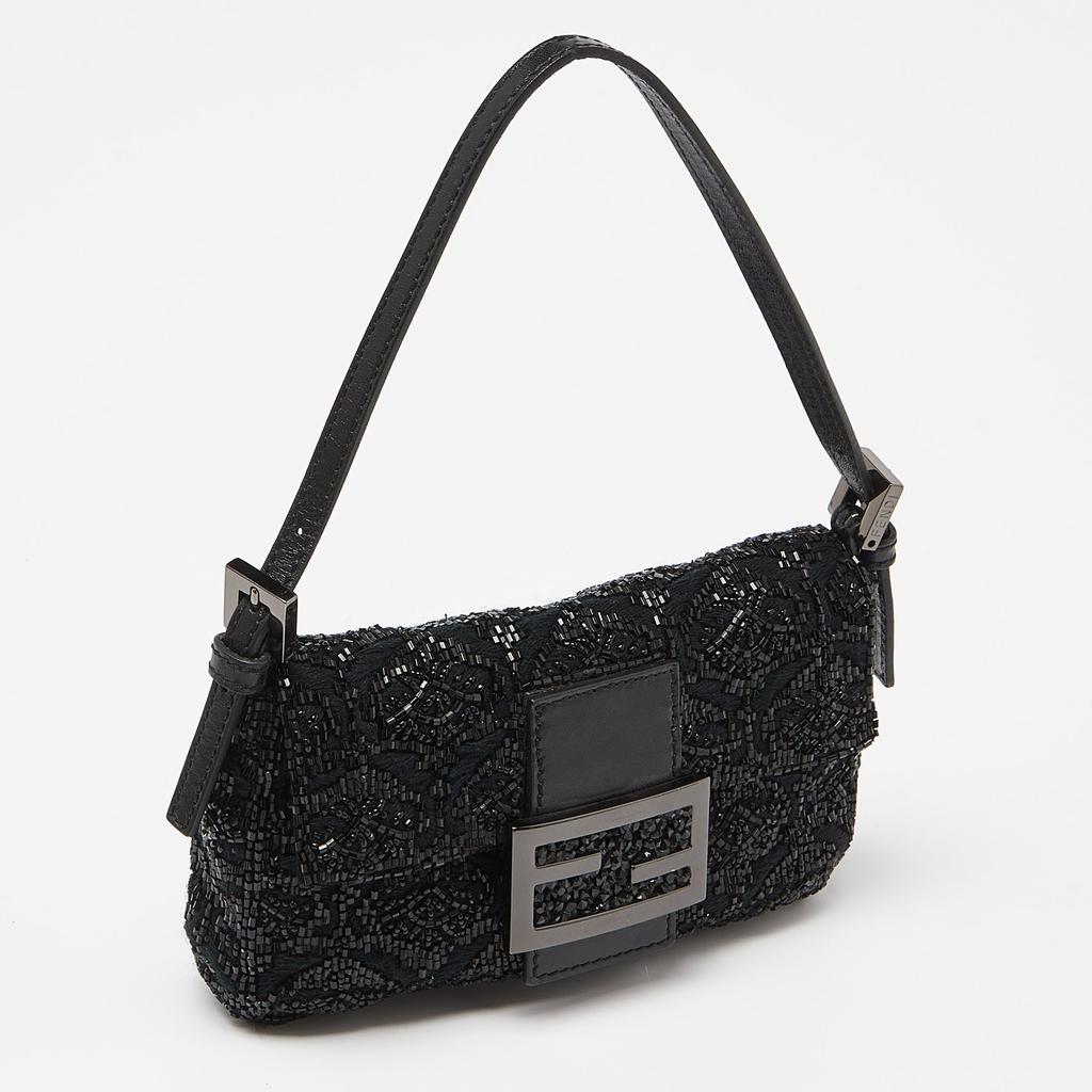 Fendi Fendi Black Zucca Canvas and Lizard Embossed Leather Beaded