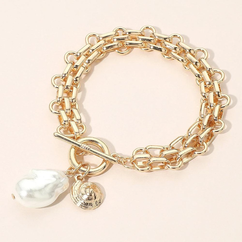 FASHNZFAB Chunky Organic Pearl Shell Charm Toggle Bracelet