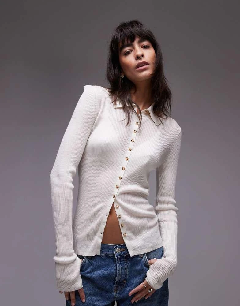 & Other Stories & Other Stories merino wool blend fine knit fitted cardigan with thumbholes and two-way collar in white 1