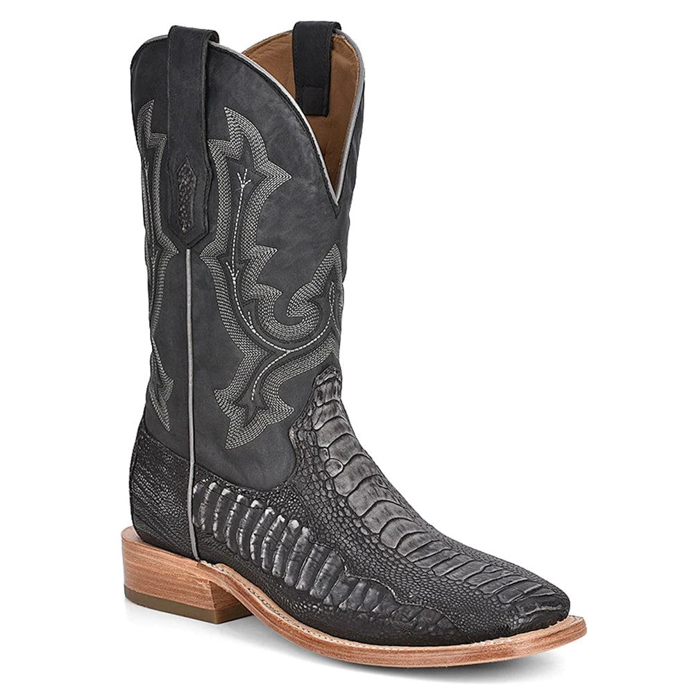 Corral Boots Ostrich Leg Embroidered Wide Square Toe Pull On Cowboy Boots 2