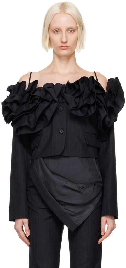 pushBUTTON Navy Off The Shoulder Frill Jacket