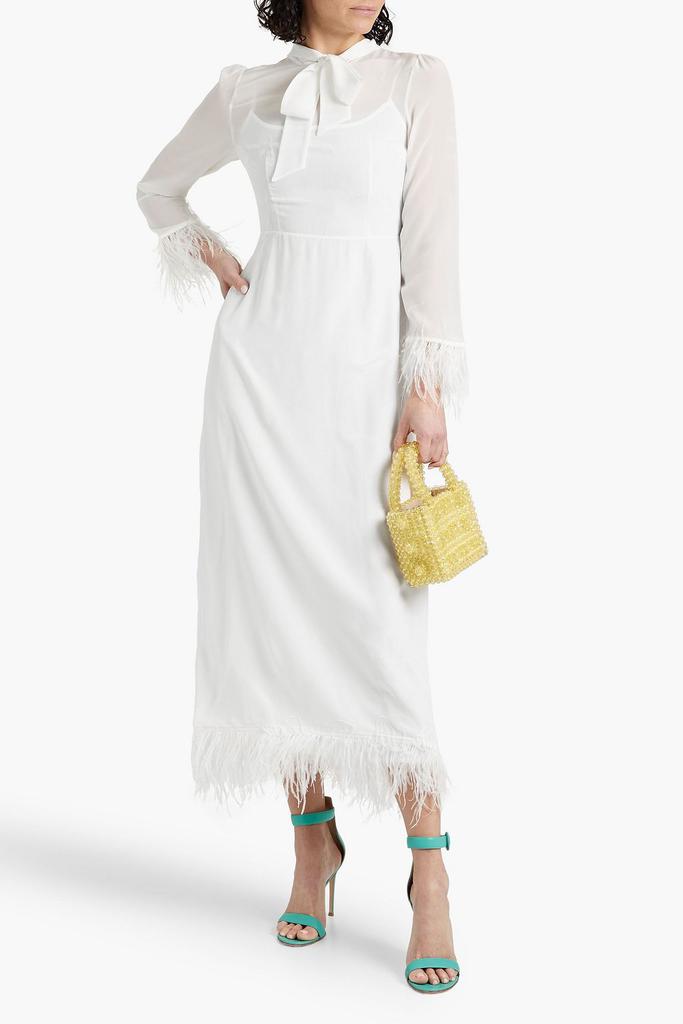 HVN Elissa feather-trimmed silk crepe de chine midi dress