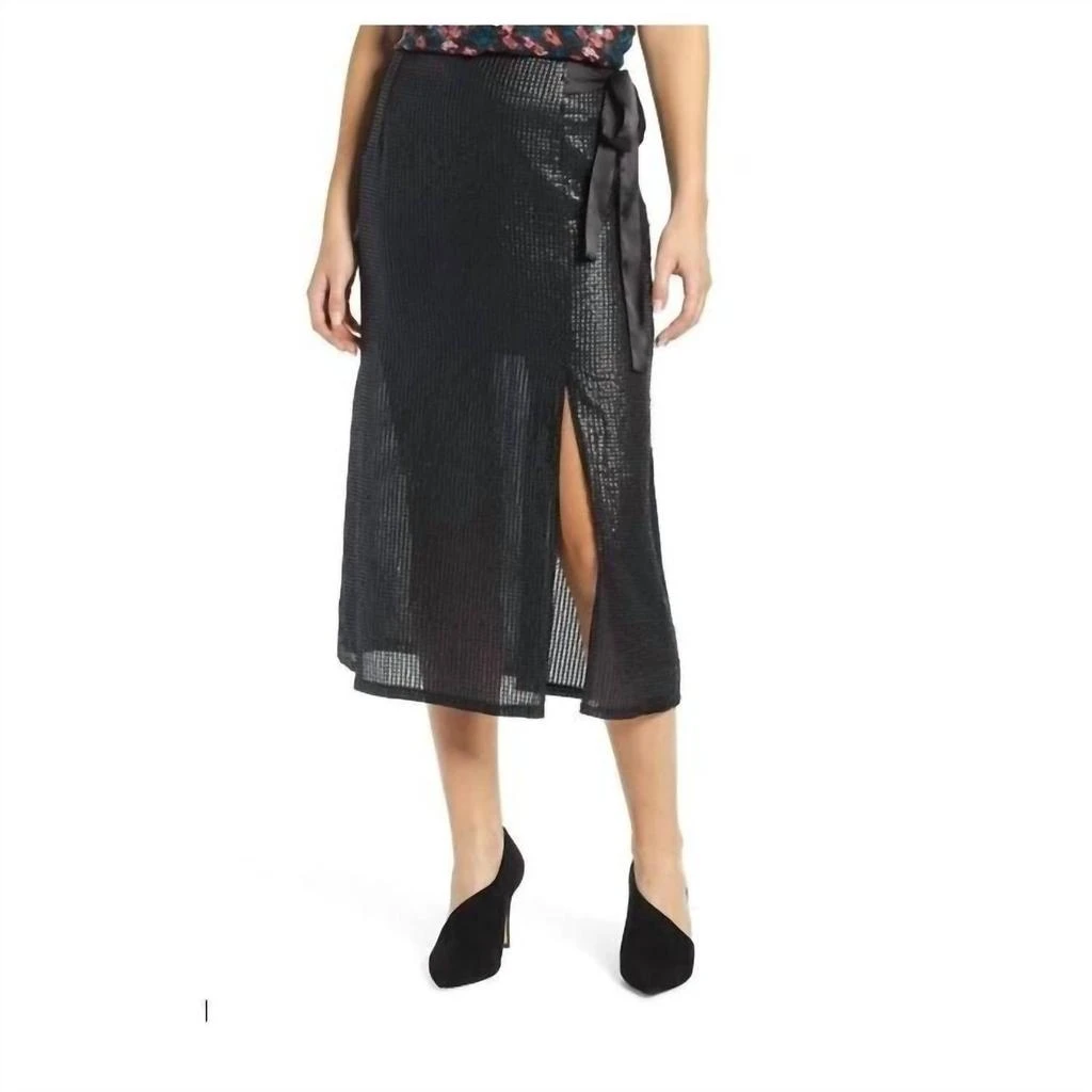 Something Navy Faux Wrap Sequin Front Slit Tie Midi Skirt In Black 1