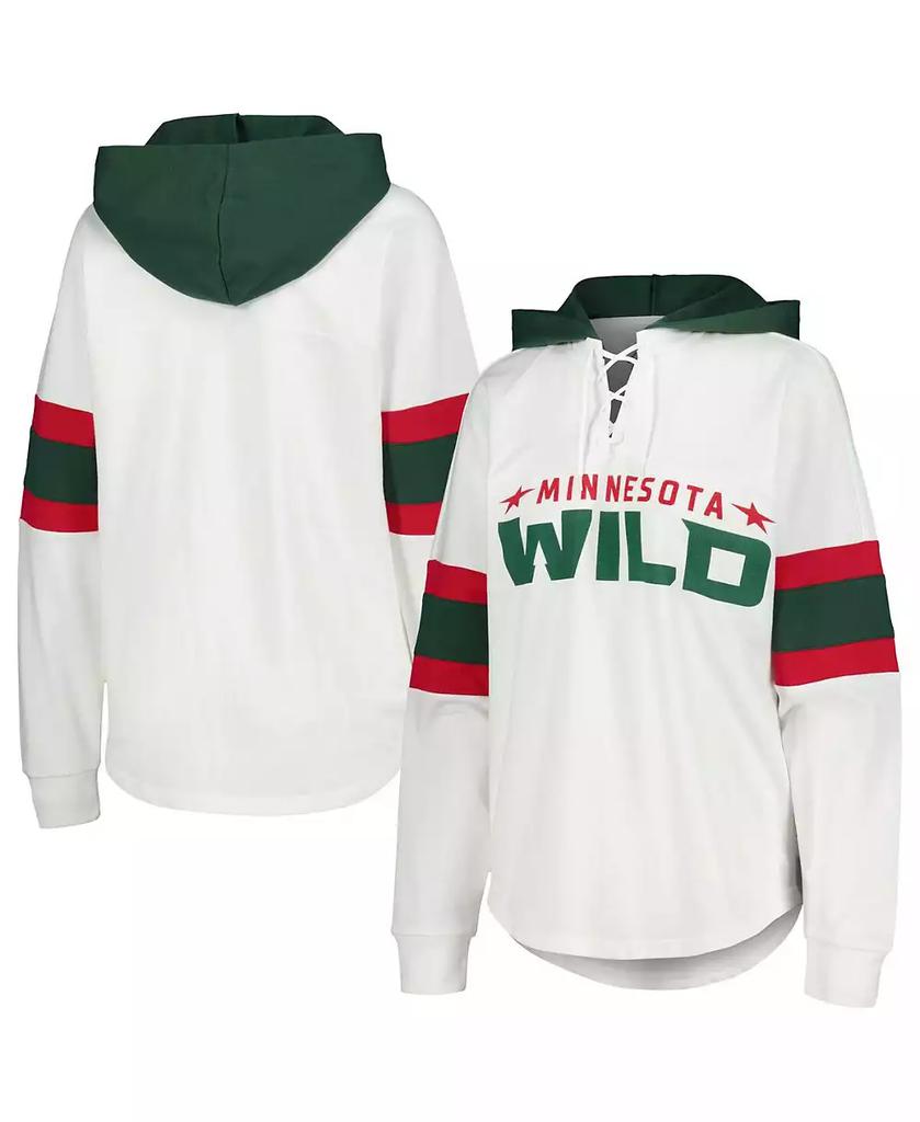 G-III 4Her by Carl Banks Women's White, Green Minnesota Wild Goal Zone Long Sleeve Lace-Up Hoodie T-shirt