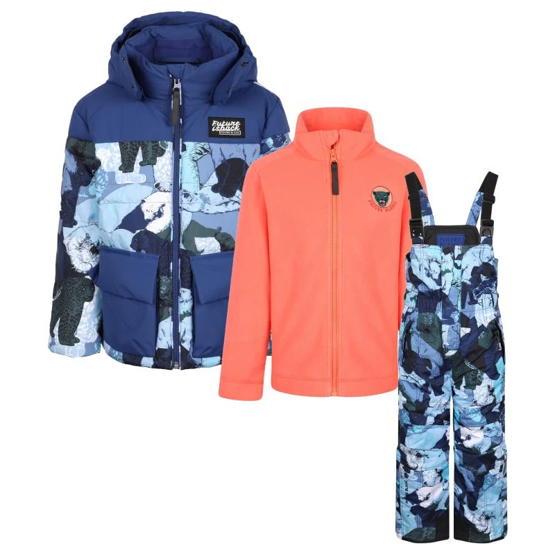 Poivre Blanc Polar bear ski jacket with detachable hood ski pants and fleece zipped shirt set in blue and orange 1