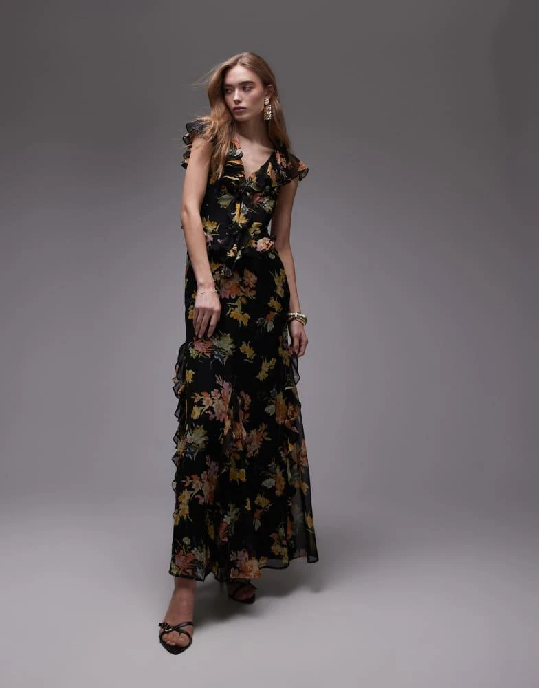 Topshop floral ruffle Maxi dress in Black at Nordstrom, Size 6 Us