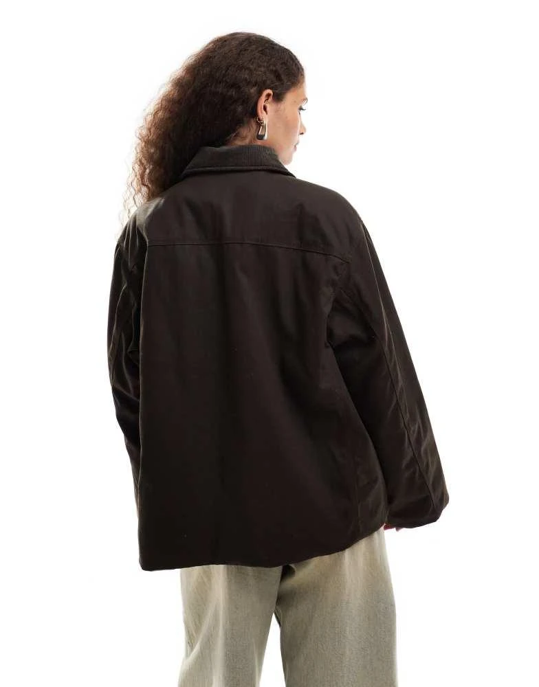 Weekday Weekday wax coated barn jacket in dark brown with contrast cord collar 2