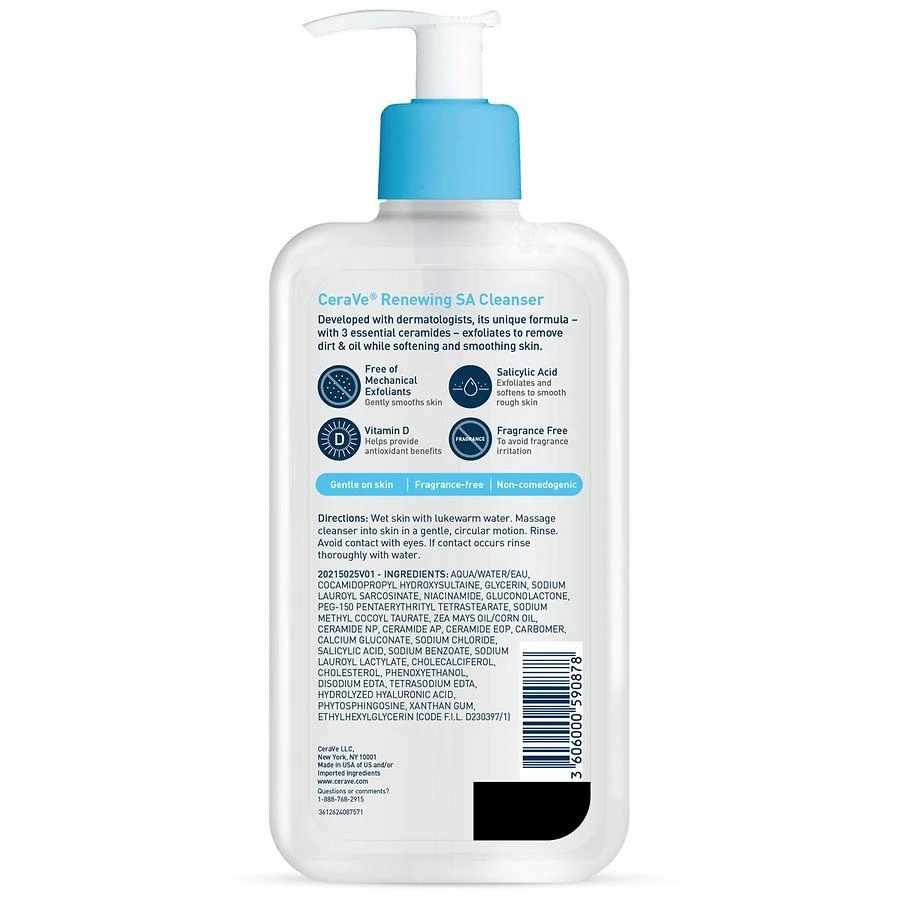 CeraVe Renewing SA Cleanser Exfoliating Salicylic Acid Face Wash for Normal Skin Fragrance Free 2