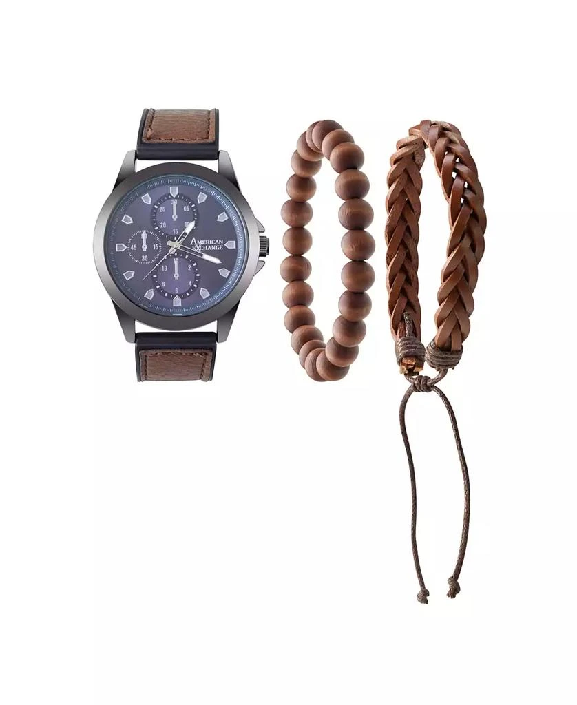 American Exchange Men's Quartz Movement Brown Leather Analog Watch, 47mm and Stackable Bracelet Set with Zippered Pouch 1