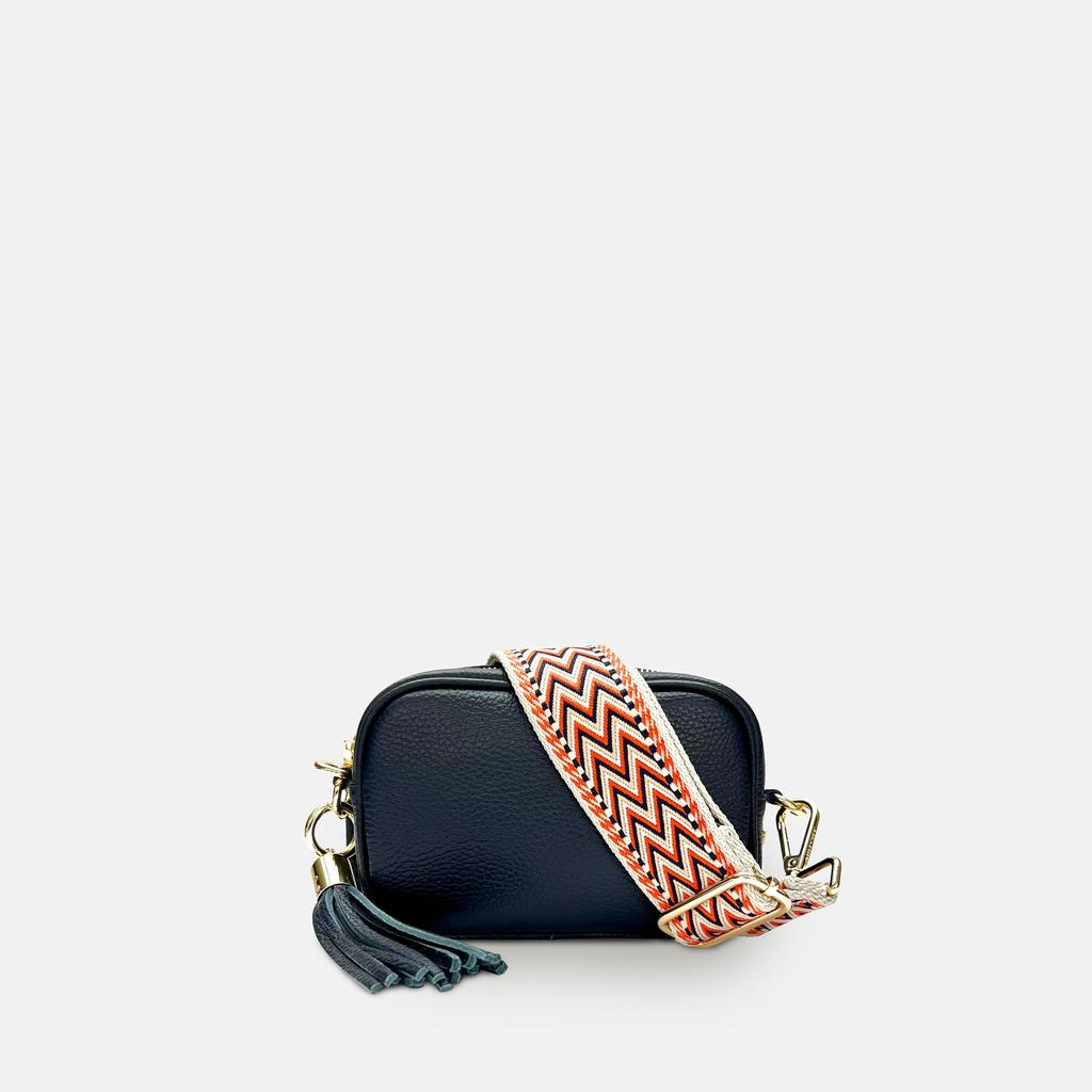 Apatchy London The Mini Tassel Navy Leather Phone Bag With Grey Boho Strap