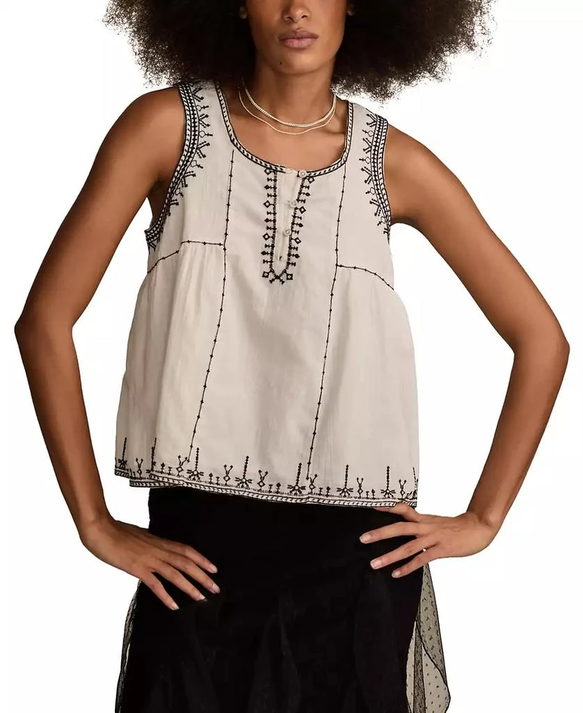 Lucky Brand Women's Cotton Embroidered Henley Racer Tank Top 1