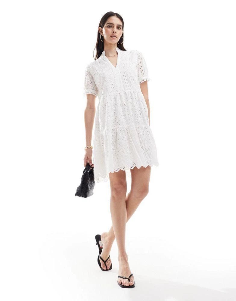 Y.A.S. YAS v neck broderie mini dress in white - WHITE 4