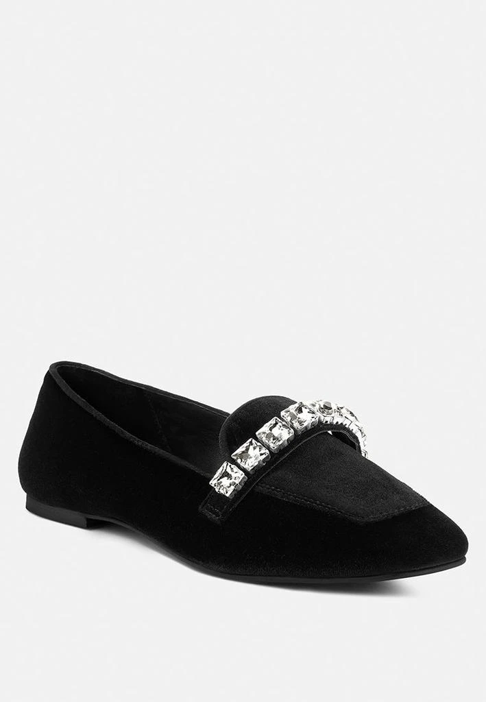 Rag & Co LAMINGTON Diamante Embellished Velvet Loafers in Black 1