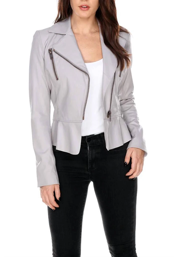 My Tribe Leather Perfecto With Ruffle Jacket In Mastic 1