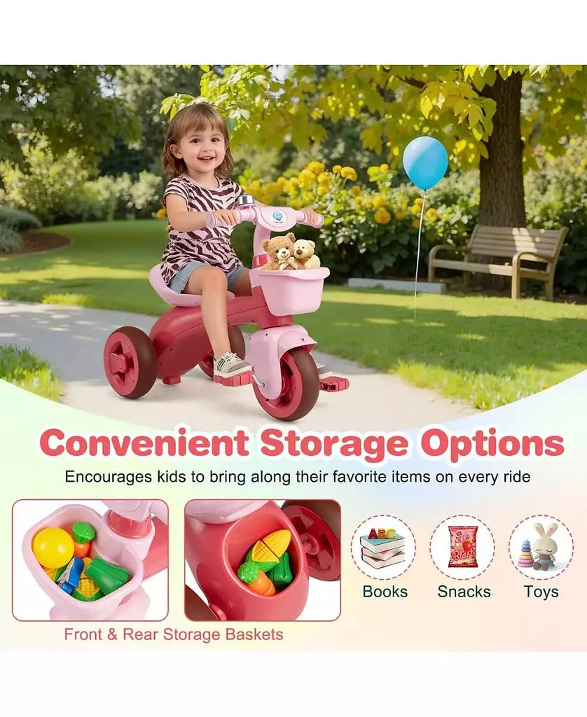 Mecale Toddler Tricycle with Limited Steering with Front Baskets and Bell-Pink 7