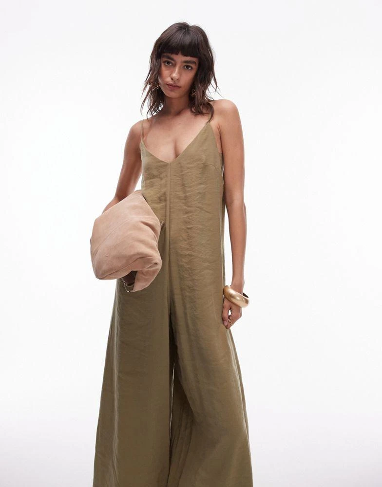 Topshop Topshop cami wide leg jumpsuit with tie back in khaki 4