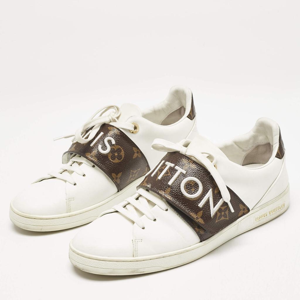 Louis Vuitton Louis Vuitton White/Brown Leather and Monogram Canvas Logo Strap Frontrow Sneakers Size 40