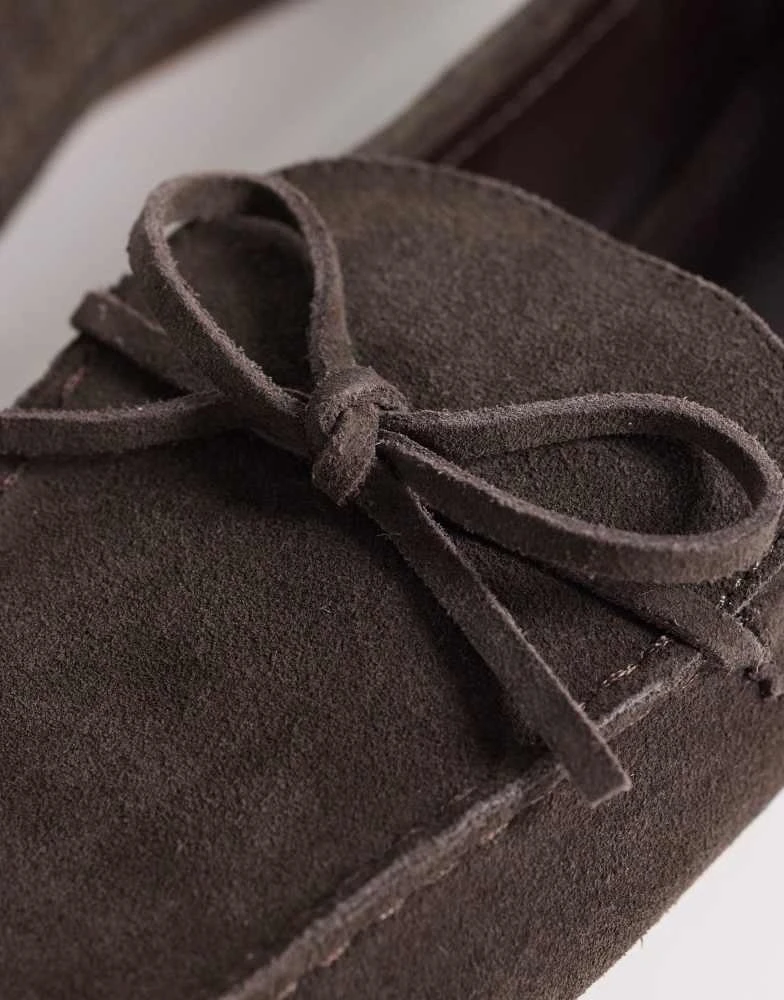 Mango Mango 100% suede loafer with bow detail in chocolate 4