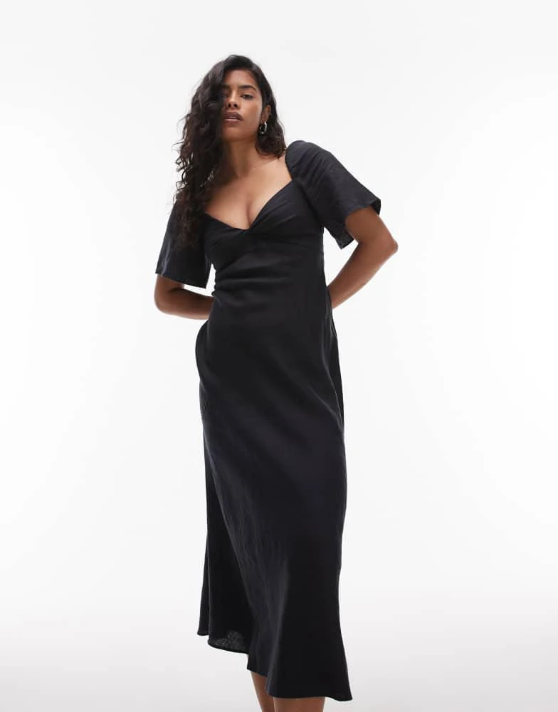 & Other Stories & Other Stories linen puff sleeve midaxi dress with twist sweetheart neckline in black 4
