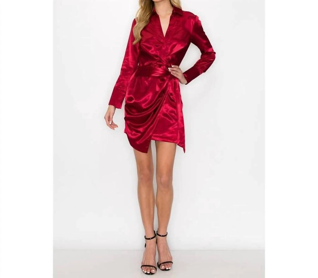 INA Fashion INA Fashion - Satin Long Sleeve Wrap Style Mini Dress - WINE - S