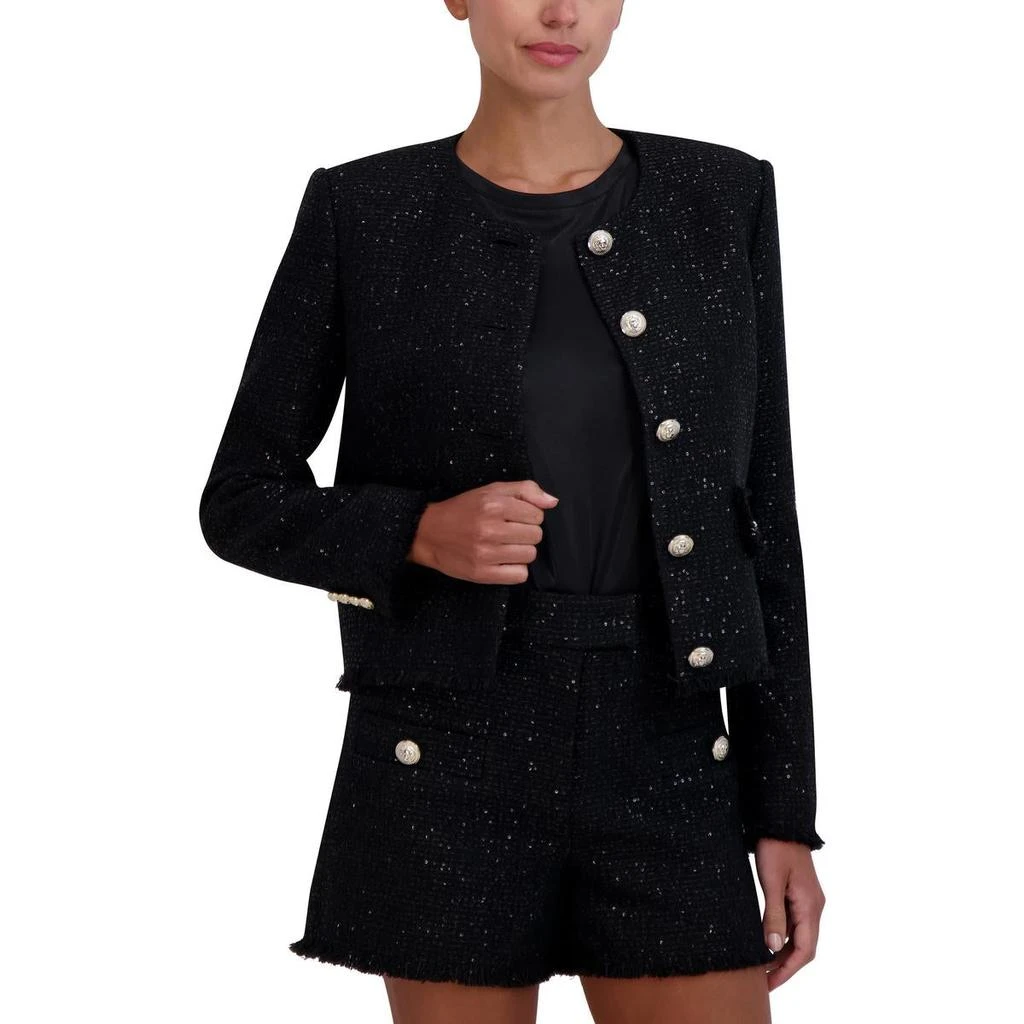 BCBG Womens Tweed Sequined Collarless Blazer 1