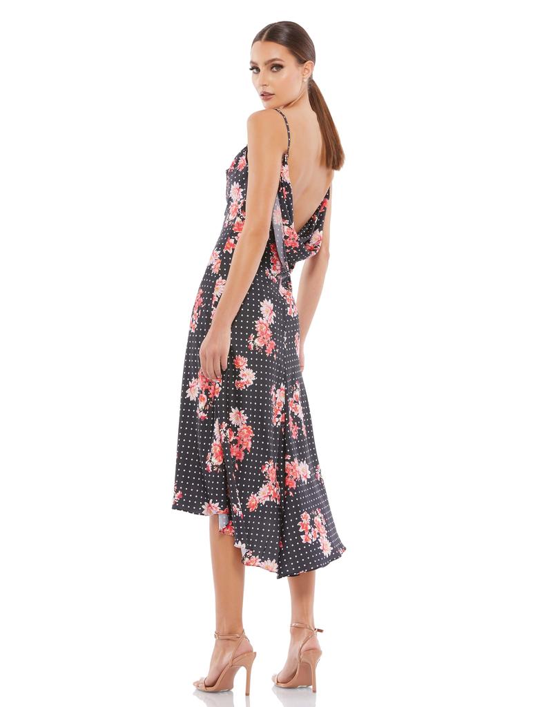 Ieena for Mac Duggal Black Polka Dot Floral Midi Dress
