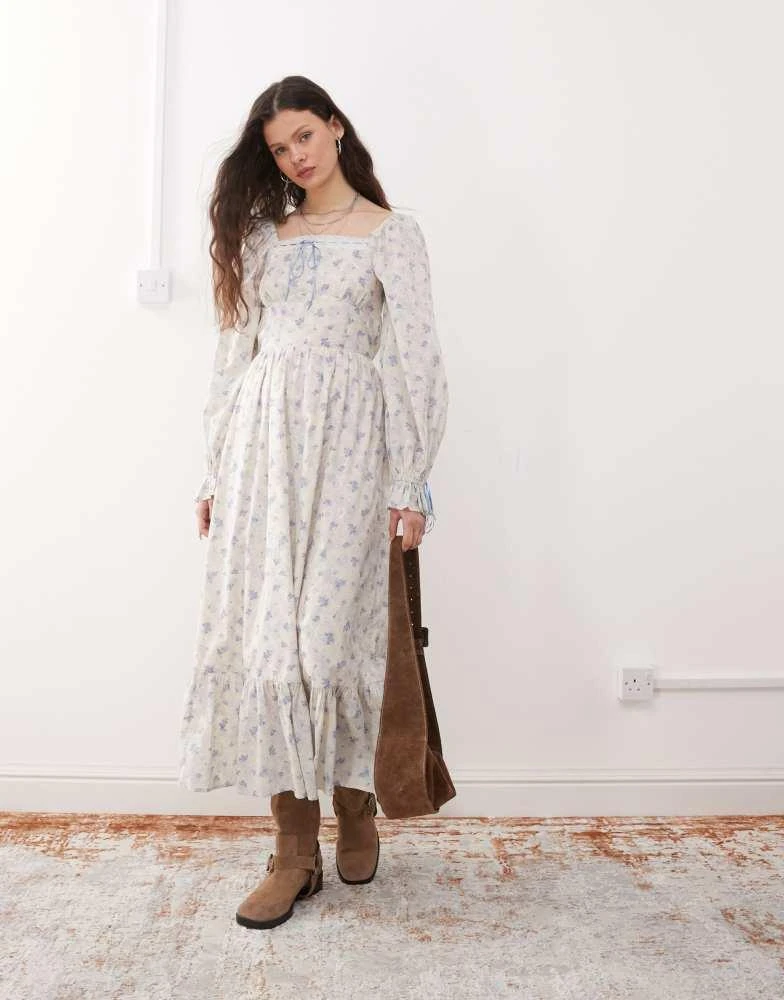 Miss Selfridge milkmaid maxi dress in blue floral print-Multi