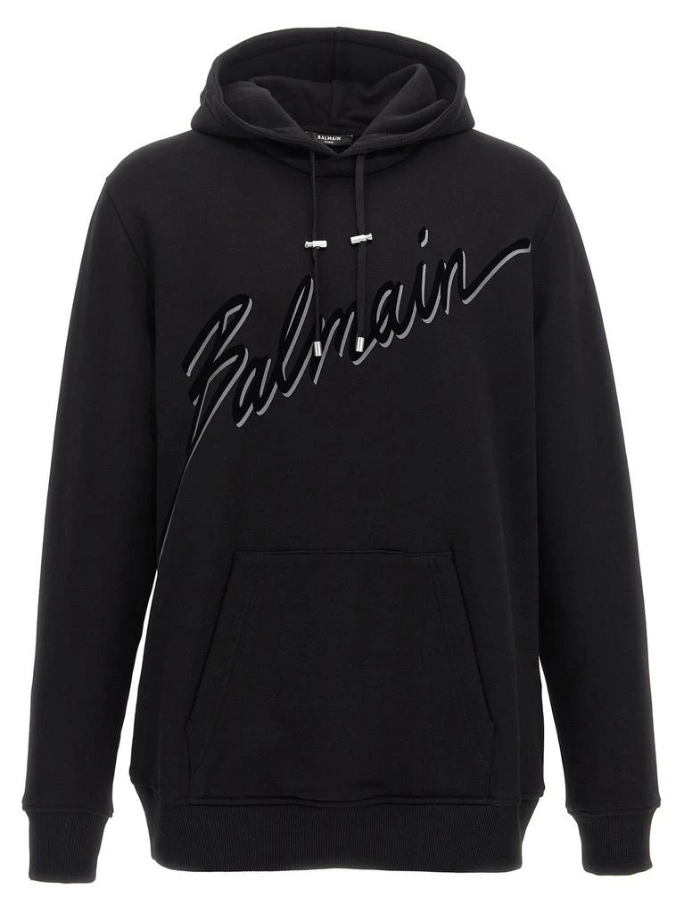 Balmain Balmain Flocked-Logo Drawstring Hoodie 1