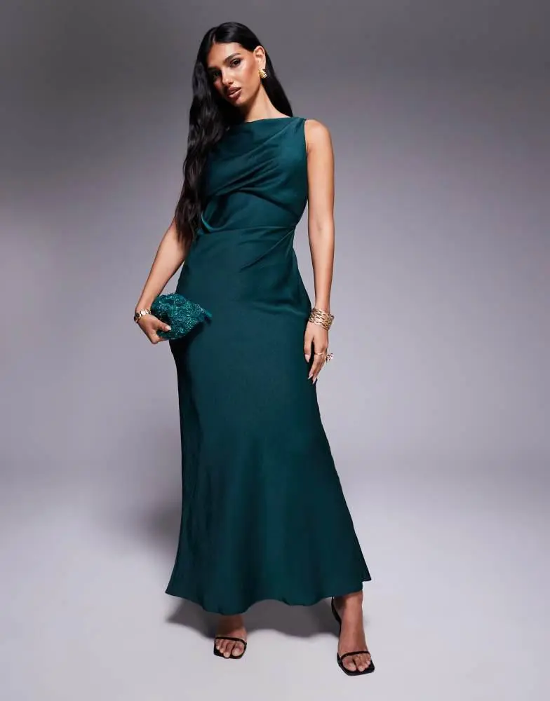 ASOS Design draped bodice satin maxi dress with cowl back detail in teal-Green ASOS Design draped bodice satin maxi dress with cowl back detail in teal-Green