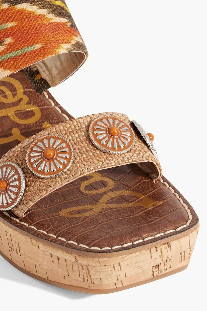 Sam Edelman Abril embellished printed canvas and faux raffia wedge mules 4