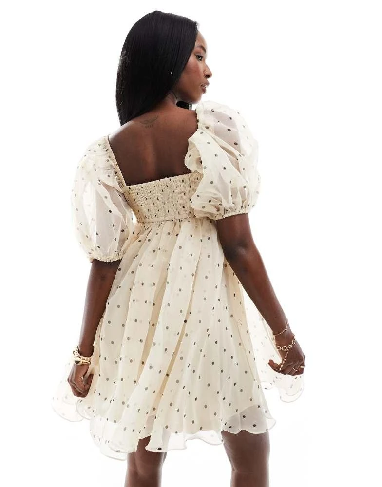 Lace & Beads Lace & Beads square neck babydoll organza mini dress in polka dot 2