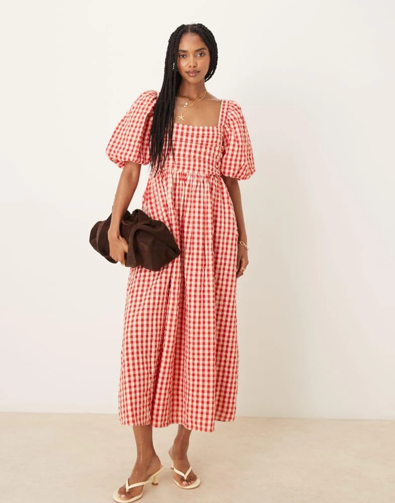 fitted lace wedding dress 100% cotton midi dress, red gingham check main image 0