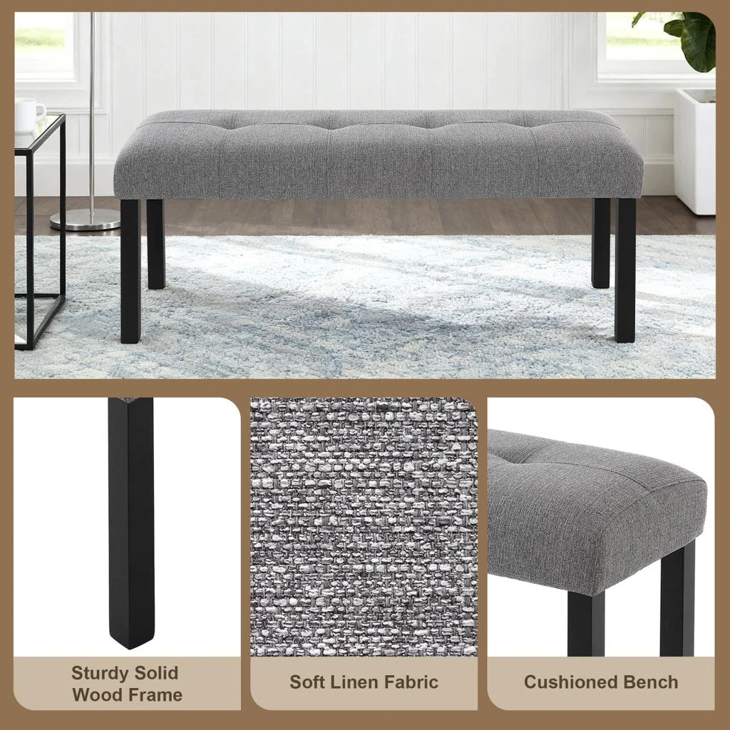 Streamdale Furniture Streamdale Modern Tufted Linen Dining Bench with Black Rubber Wood Legs, Gray 4