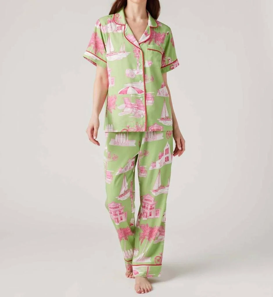 KATIE KIME Florida Toile Pajama Pants Set In Green Pink