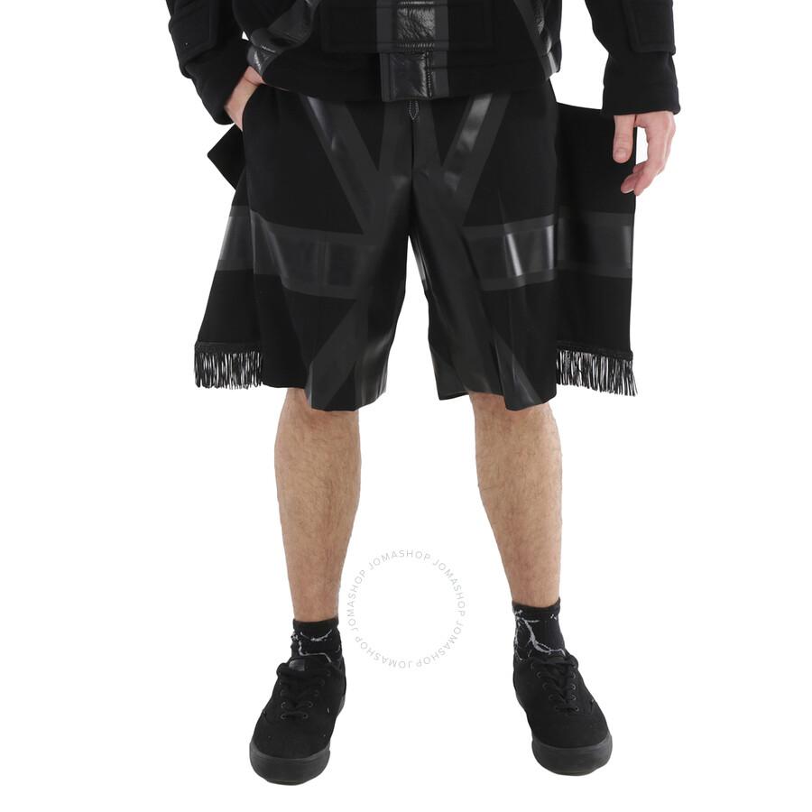 Burberry Black Union Jack Fringe Detail Wool Shorts