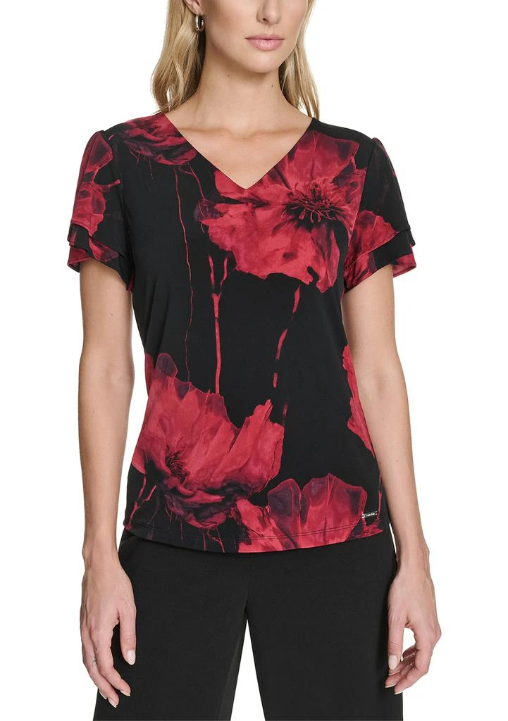 Calvin Klein Women
s Printed Flutter Sleeve V-Neck Top