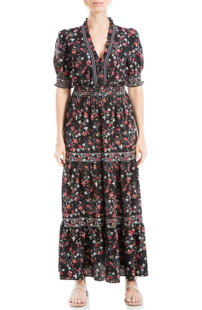 Max Studio V-Neck Short Puff Sleeve Floral Print Tiered Dress 1
