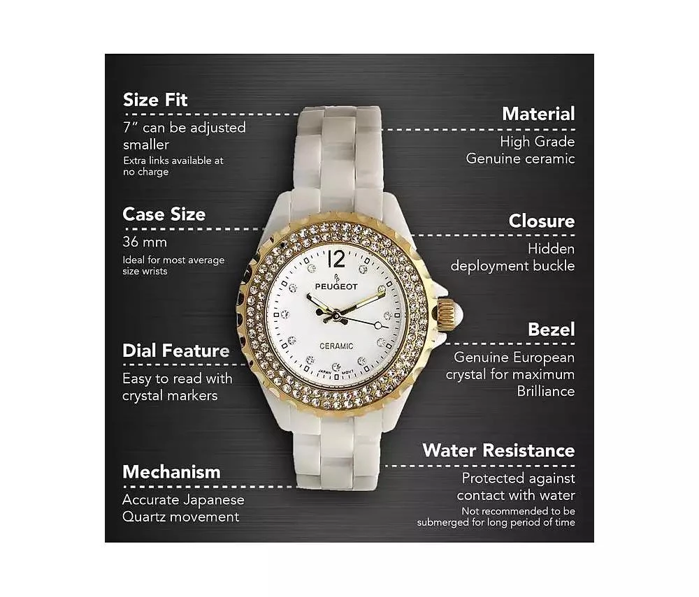 Peugeot Women's 36mm White Ceramic Watch with Gold Crystal Bezel 3