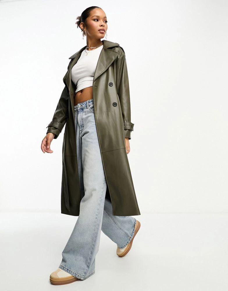 Pull&Bear Pull&Bear belted faux leather trench coat in khaki 1