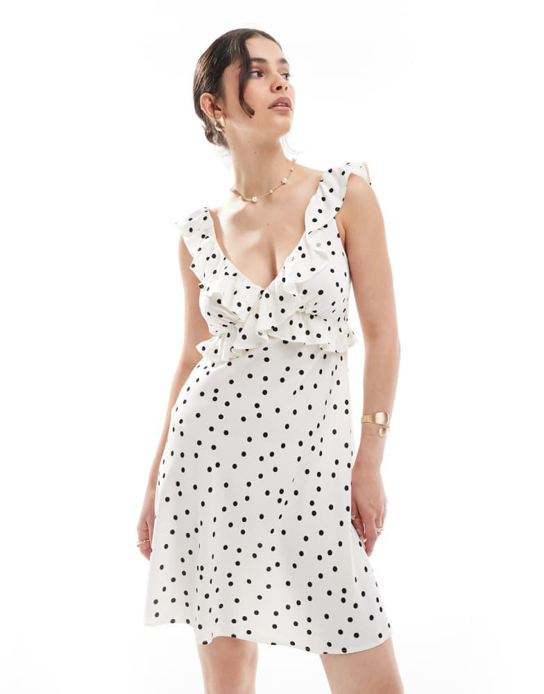 New Look New Look spot ruffle neck mini dress in white