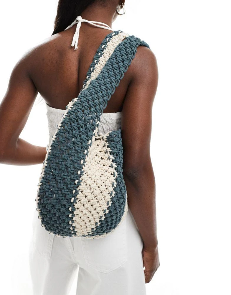 Pull&Bear Pull&Bear crochet bucket bag in green and white stripe 3