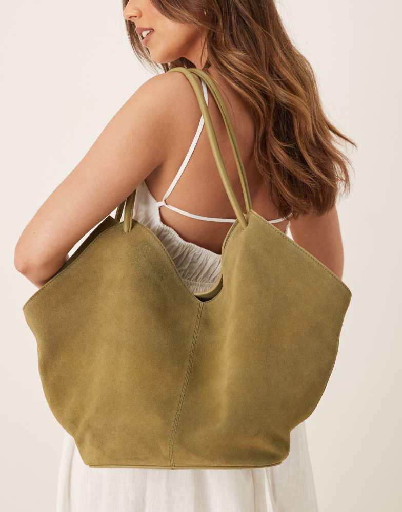ASOS ASOS DESIGN suede tubular handle vase tote bag in olive