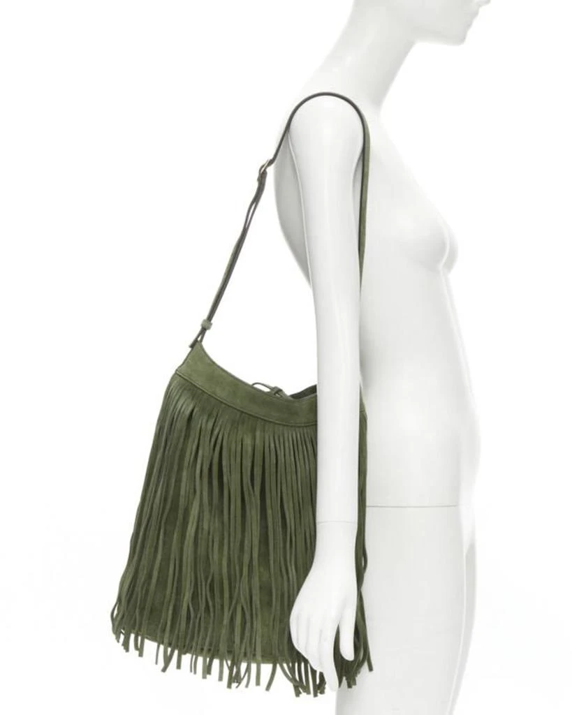 Celine CELINE Hedi Slimane khaki green suede fringe medium bucket bag 2