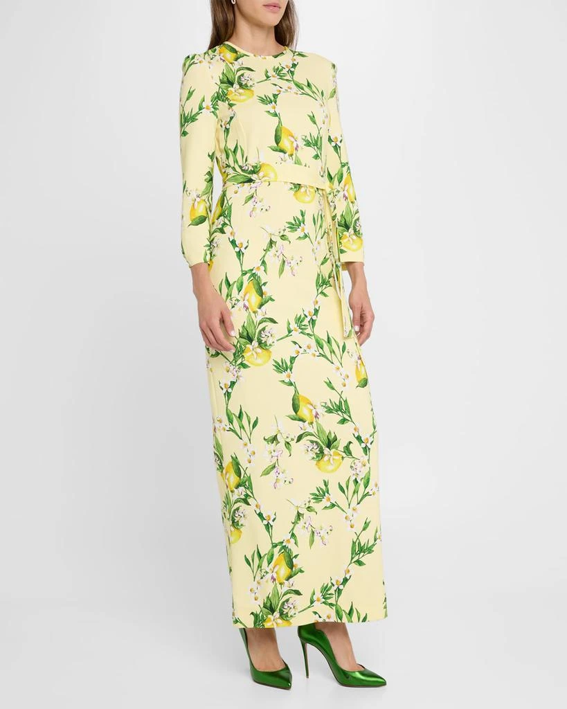 Monique Lhuillier Lemon-Print Bracelet-Sleeve Sheath Maxi Dress 4