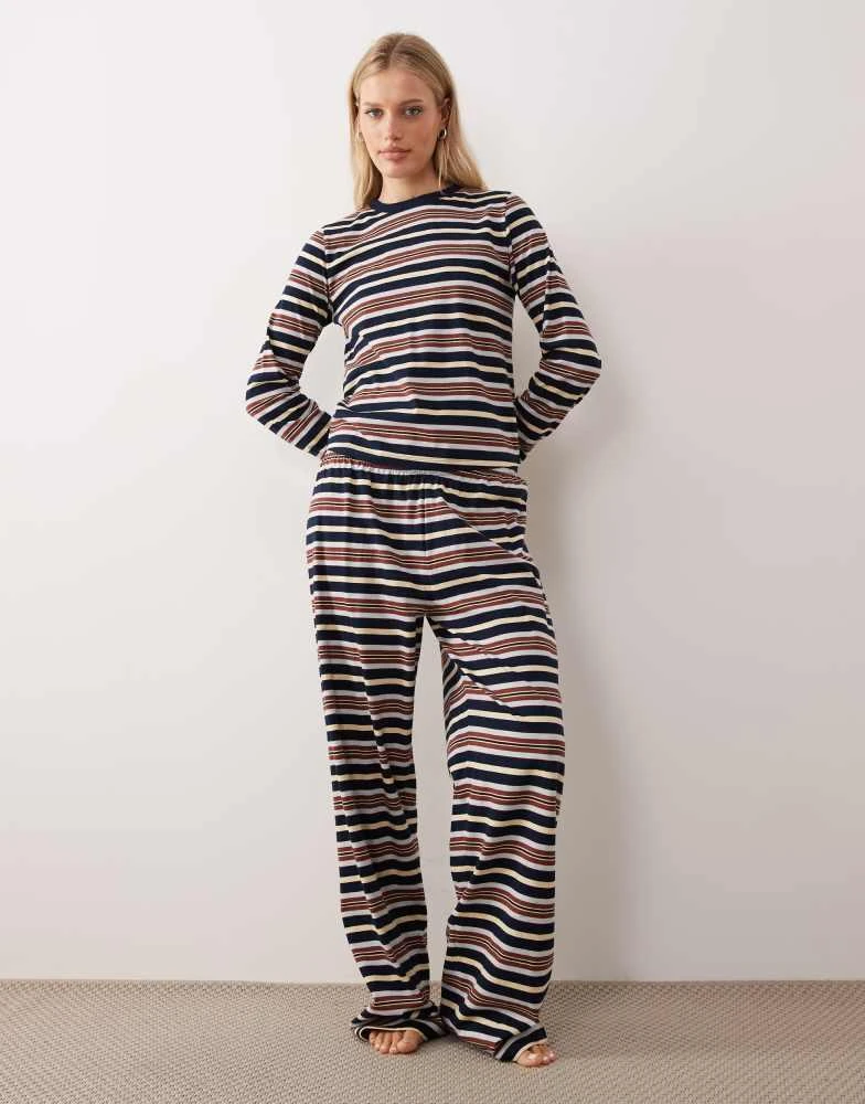 ASOS ASOS DESIGN Taylor longsleeve pyjama top in navy, yellow and brown stripe 2