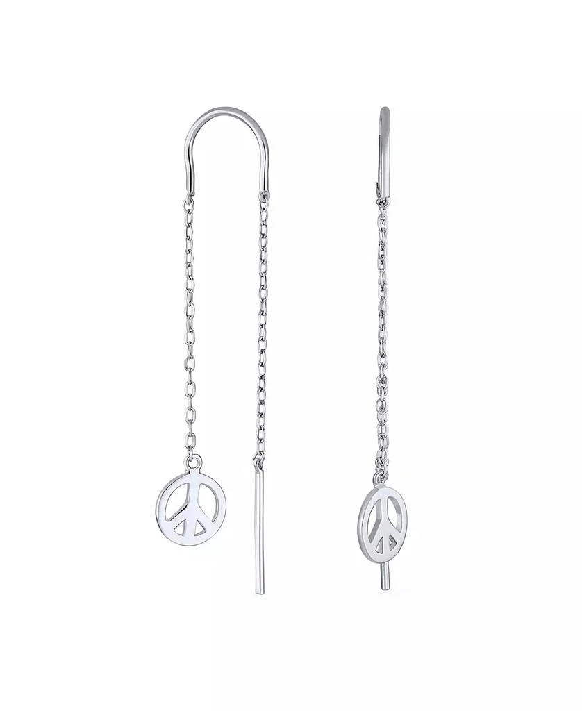 Bling Jewelry Tiny World Peace Sign Dangle Earrings Lightweight Long Flat Chain Threader Sterling Silver