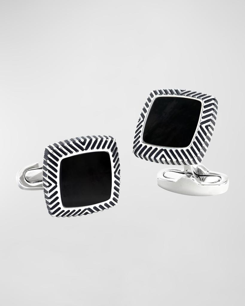 LINK UP Men's Square Black Onyx Wavy-Frame Cufflinks